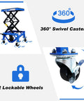 Beefy Hydraulic Motorcycle Scissor Jack Lift With Foot Step Lever And Four Wheels, side view displaying lockable wheels