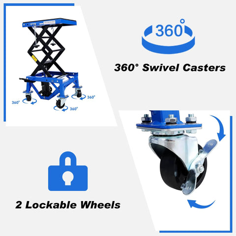 Beefy Hydraulic Motorcycle Scissor Jack Lift With Foot Step Lever And Four Wheels, side view displaying lockable wheels