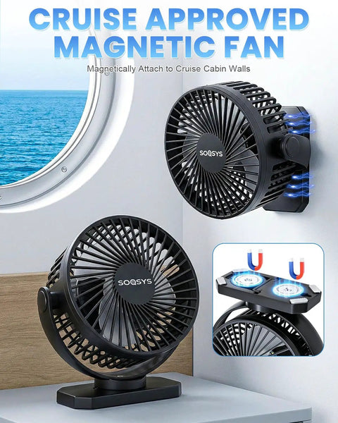 Magnetic Cruise Approved Travel Fan With 12000mAh Battery attached to cruise cabin wall