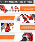 Ratcheting Pipe Threader Kit With Six Dies For One Quarter, Three Eighths, One Half, Three Quarters, One, And One And Quarter Inch Pipes, Heavy Duty Threading Tool Set With Durable Storage Case instructions