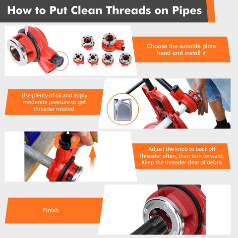 Ratcheting Pipe Threader Kit With Six Dies For One Quarter, Three Eighths, One Half, Three Quarters, One, And One And Quarter Inch Pipes, Heavy Duty Threading Tool Set With Durable Storage Case instructions