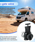 Backup 3 Inch RV Sewer Gate Valve With Built In Clear Adapter shown with motorhome, designed for 3-inch RV sewer fittings.