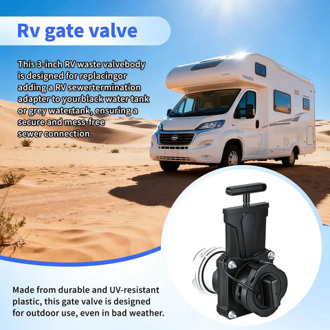 Backup 3 Inch RV Sewer Gate Valve With Built In Clear Adapter shown with motorhome, designed for 3-inch RV sewer fittings.
