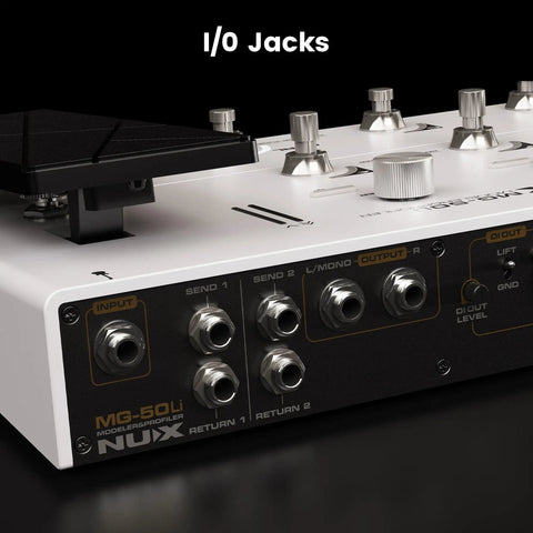 MG-50Li Multi Effects Pedal For Guitar And Bass With 14 Independent Signal Blocks 5 Hour Battery Life DeepImage Profiling I/O panel