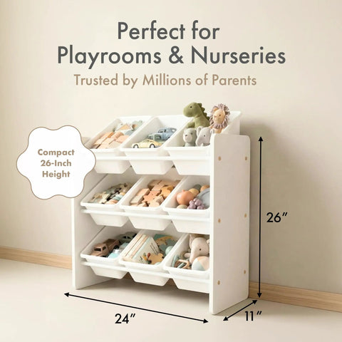 Three Tier Toy Storage Organizer With Nine Removable Bins For Kid Friendly Playroom No Mess Easy Cleanup Durable Engineered Wood Frame Sturdy Toddler Toy Organization In White, with toys displayed.