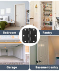30 Pack Matte Black Door Hinges 3.5 X 3.5 Inches With 5/8 Radius, Heavy Duty Interior Door Hardware shown in various residential settings.