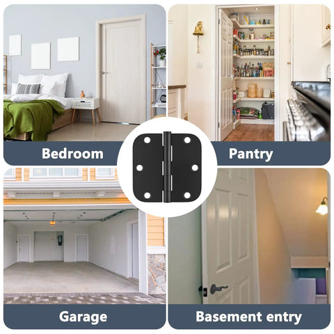 30 Pack Matte Black Door Hinges 3.5 X 3.5 Inches With 5/8 Radius, Heavy Duty Interior Door Hardware shown in various residential settings.