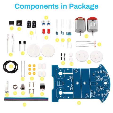 Components of Line Following Robot Car Kit for Beginners Soldering Practice, STEM Educational Electronics, Easy DIY Robot Project