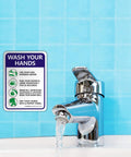 Keep Hands Clean With This Please Wash Your Hands Sign Stickers 4 Pack 10 By 7 Inch 4 Mil Vinyl next to a faucet
