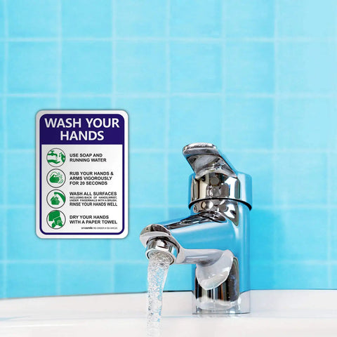 Keep Hands Clean With This Please Wash Your Hands Sign Stickers 4 Pack 10 By 7 Inch 4 Mil Vinyl next to a faucet