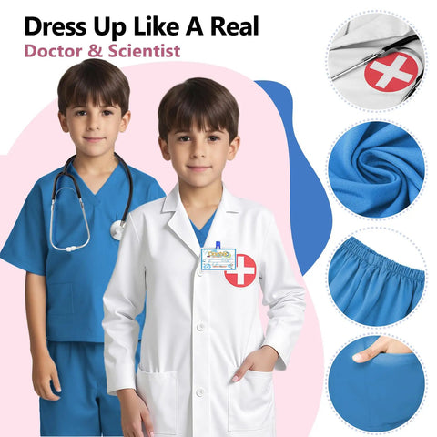 Kid Friendly Doctor Costume Set With Lab Coat Scrubs Real Stethoscope 7 Piece Dress Up Kit For Boys And Girls showcased