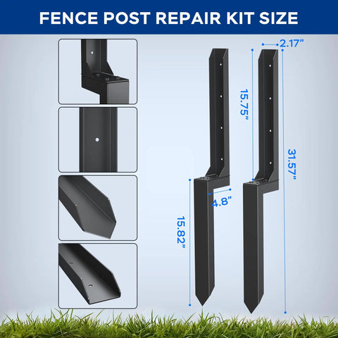 Heavy Duty Fence Post Repair Kit Features Rock Solid 2 Mm Steel Stabilizers To Hold Leaners Tight Fix Weak Wood Fences Fast With This Boss Level 4 Pack Brown Yard Reinforcement Solution For Good Measure size diagram showing dimensions of steel stakes and supports