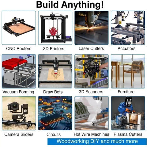 Image showcasing various DIY projects like CNC routers, 3D printers, and laser cutters for heavy duty builds.