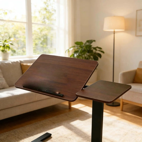 Solid Mobile Standing Desk With Pneumatic Lift And Tilt Top, Smooth Swivel Casters, Heavy Duty Steel Frame Walnut Laptop Workstation For Home Office Flex Bedside Chill side view in a cozy setting.