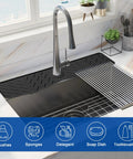 Extended Silicone Faucet Splash Guard And Sink Overflow Mat With Integrated Sponge Rest And Rapid Drain Cutouts To Keep Your Kitchen Counter No Sweat And Always Looking Sharp In Rich Matte Black on kitchen sink with faucet.