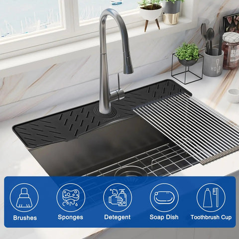 Extended Silicone Faucet Splash Guard And Sink Overflow Mat With Integrated Sponge Rest And Rapid Drain Cutouts To Keep Your Kitchen Counter No Sweat And Always Looking Sharp In Rich Matte Black on kitchen sink with faucet.