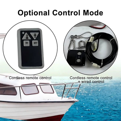 Optional control modes for Heavy Duty Electric Boat Anchor Winch Kit including cordless remote and wired control options.
