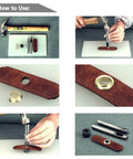 Instructions for using 300 Set 6mm Colorful Grommets Eyelets Kit with metal eyelets, install tool, and punch base shown in use.