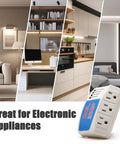 Three Outlet Surge Protector Power Strip With Voltage Protector And Brownout Guard For Home Appliances Up To 1875 Watts 120V 15A Two Pack shown in various home settings with electronic devices.