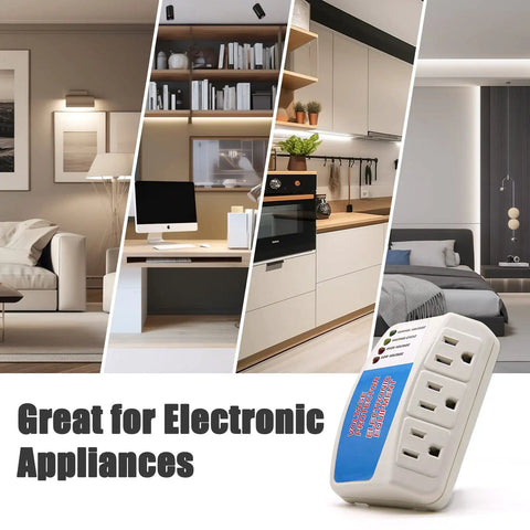 Three Outlet Surge Protector Power Strip With Voltage Protector And Brownout Guard For Home Appliances Up To 1875 Watts 120V 15A Two Pack shown in various home settings with electronic devices.