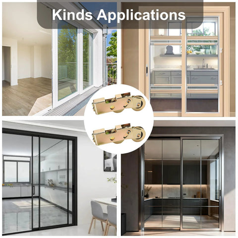 Collage of 2 Pcs Sliding Door Rollers Replacement Set With Steel Ball Bearing Wheels Heavy Duty Tandem Roller installed in glass doors