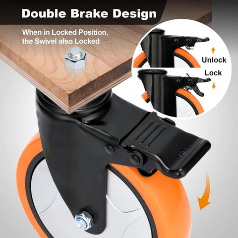 Six Inch Swivel Caster Wheels With Dual Locking Brakes And Silent Steel Threaded Stem Casters Built Tough For Heavy Haul Projects showing double brake design.