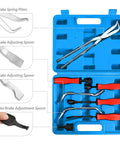 8 Piece Brake Service Kit With Spring Installer And Remover Pliers Tools Set In Blue Carrying Case Pro Grade Car Maintenance Gear For Quick Easy Brake Jobs displayed open showing tools inside.