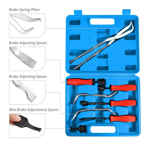 8 Piece Brake Service Kit With Spring Installer And Remover Pliers Tools Set In Blue Carrying Case Pro Grade Car Maintenance Gear For Quick Easy Brake Jobs displayed open showing tools inside.