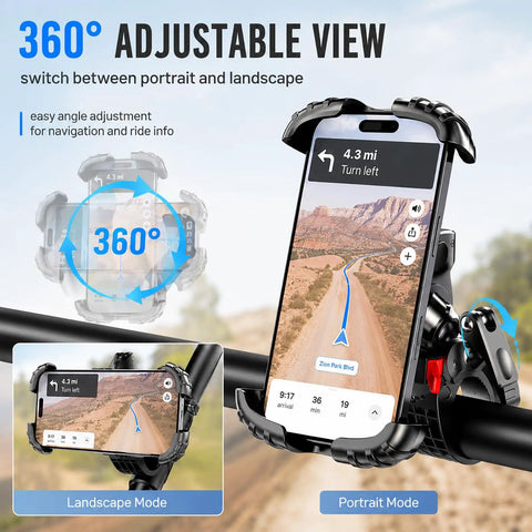 Heavy Duty UTV Phone Mount Designed For Gator Xuv845r Models showing 360° adjustable view in portrait and landscape modes.