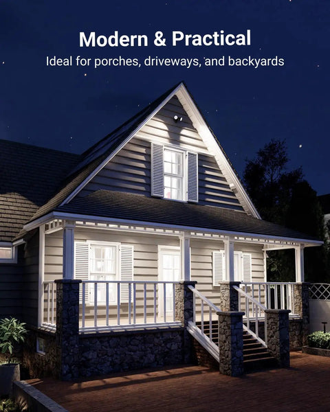 Night scene of a house porch illuminated by Sixteen Pack Outdoor Flood Light Bulbs LED PAR38 Dimmable Waterproof Wet Rated 1050 LM 13W 100W Equivalent E26 Base For Backyard Landscape Porch Garage Yard UL, showcasing modern and practical lighting.
