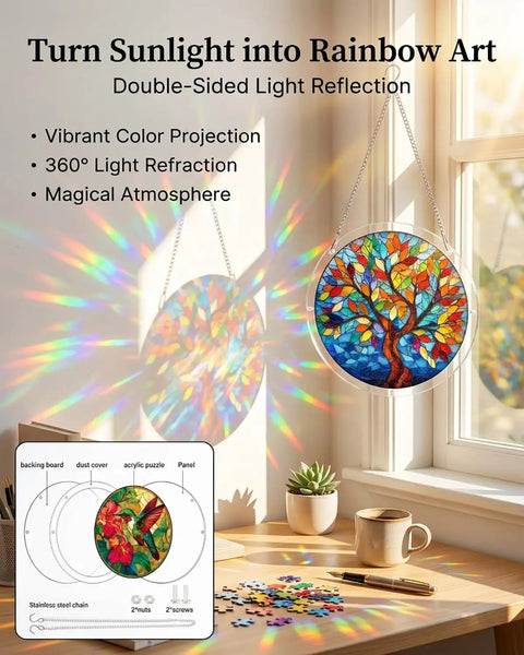 Jigsaw Puzzle Suncatcher Kit With 83 Pieces For DIY Stained Glass Window Art No Glue Needed hanging by window creating rainbow effect