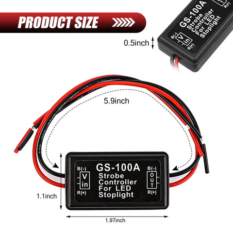 Two Pack Hella Noticeable Strobe Flasher Module For Led Brake And Tail Lights Universal 12V 24V Rapid Blink Controller For Car Whip Truck And Motorcycle Black shown with dimensions and wiring. 5.9x1.97 inches.