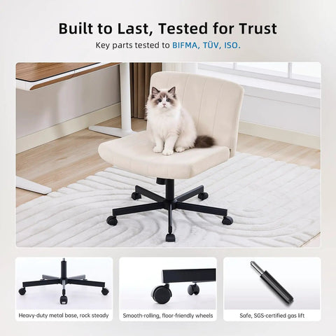 Criss Cross Desk Chair With Wheels, Wide Cross Legged Comfort For Home Office Or Vanity, Soft Fabric Upholstery, Beige