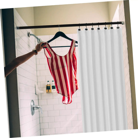 Bathroom with rustproof metal shower curtain rings 12 piece set for bathroom, smooth sliding on rod with red swimsuit hanging.