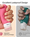 Comparison of two travel bottles showing the leakproof design in the 23 Pack TSA Approved Travel Bottles Set With Leakproof Refillable Silicone Squeezable Bottles And Jars For Shampoo Conditioner Lotion Cream In Clear Pink Bag Perfect For Short Getaways And Long Trips.