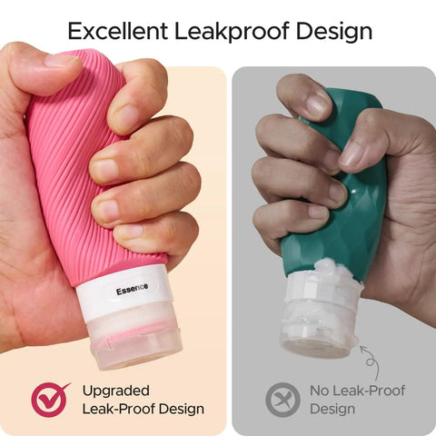 Comparison of two travel bottles showing the leakproof design in the 23 Pack TSA Approved Travel Bottles Set With Leakproof Refillable Silicone Squeezable Bottles And Jars For Shampoo Conditioner Lotion Cream In Clear Pink Bag Perfect For Short Getaways And Long Trips.