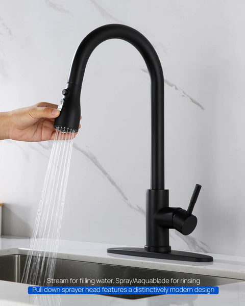 Top Shelf Slick Pull Down Kitchen Faucet Sprayer Head Replacement In Matte Black with water stream for easy rinsing.