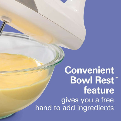 Kickass 6 Speed Electric Hand Mixer With Easy Clean Beaters And Snap On Storage Case For Bakers Seeking Smooth Performance and Zero Clogging Drama In The Kitchen using bowl rest feature with batter.