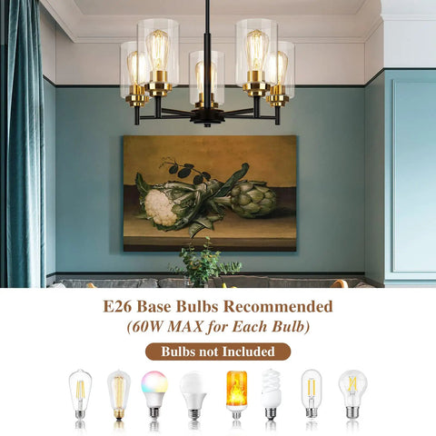 Modern Farmhouse 5 Light Chandelier For Dining Room And Kitchen Island Dope Industrial Black Pendant Lighting With Glass Shades