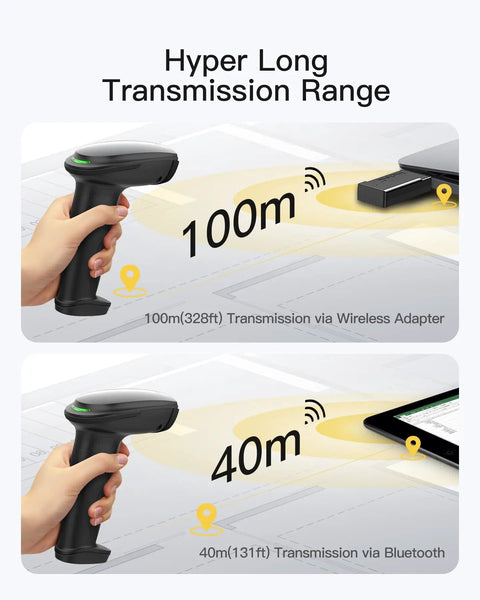 2D Barcode Scanner With Smart Stand, Wireless QR Code Scanner For Quick Reads showing transmission ranges of 100m and 40m