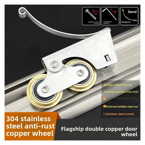 Stainless Steel Double Copper Wheel Bearing Rollers Heavy Duty Sliding Door And Window Pulleys close-up of bearing roller mechanism.