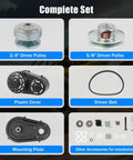Go Kart Torque Converter Kit 40 Series With 1 Inch Bore, driver pulley, driven pulley, plastic cover, driven belt, mounting plate, accessories