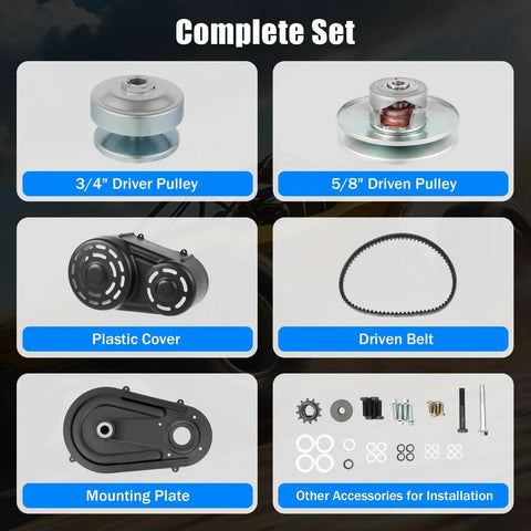 Go Kart Torque Converter Kit 40 Series With 1 Inch Bore, driver pulley, driven pulley, plastic cover, driven belt, mounting plate, accessories