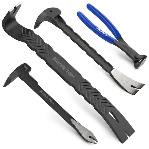 Heavy-Duty Pry Bar Set With 12-Inch And 10-Inch Utility Claw Bars, 15-Inch Flat Pry Bar, And 8-Inch End-Cutting Pliers, CR-V Steel