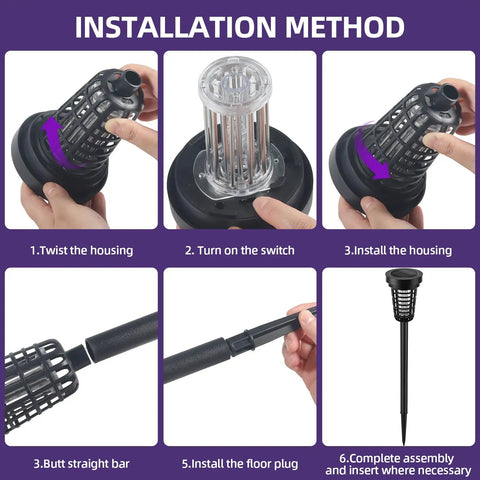 Installation method for Solar Powered Outdoor Bug Zapper With IP66 Waterproof Build, shown in six steps.