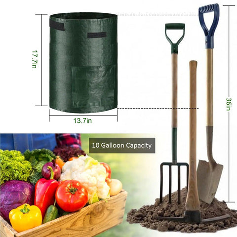 4 Pack 10 Gallon Grow Bags With Flap And Handles For Vegetables And Fruits Durable PE Planter Pots For Potatoes Onions Tomatoes And Carrots Ventilated Sides And Bottom Easy Check Window Green, gardening tools, and vegetable basket.