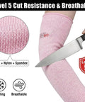 Heavy Duty Cut Resistant Arm Sleeves With Thumb Holes For Mechanics And Glass Handling Shielding Delicate Skin Straight Up Like Body Armor In Pink Pair showing level 5 cut resistance and breathable fabric.