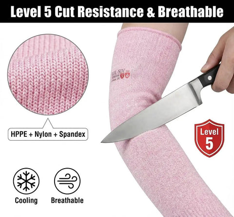 Heavy Duty Cut Resistant Arm Sleeves With Thumb Holes For Mechanics And Glass Handling Shielding Delicate Skin Straight Up Like Body Armor In Pink Pair showing level 5 cut resistance and breathable fabric.