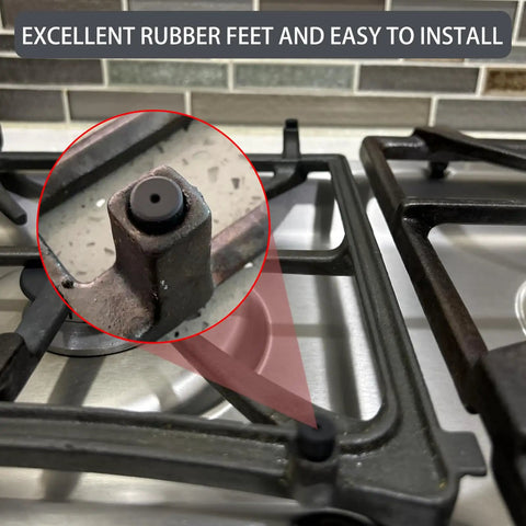 Gas Stove Rubber Feet Replacement 14 Pack Easy Install For Samsung NX58M6630SS showing silicone grate foot installed on stove.