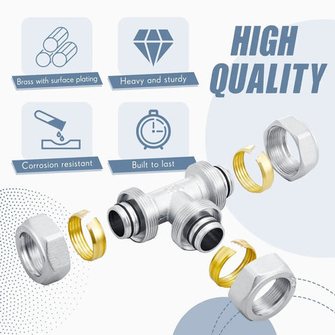 Six Pack Three Quarter Inch Equal Air Piping Fittings Brass Nickel Plated For Shop Compressed Air Line System 200 Psi, corrosion resistant